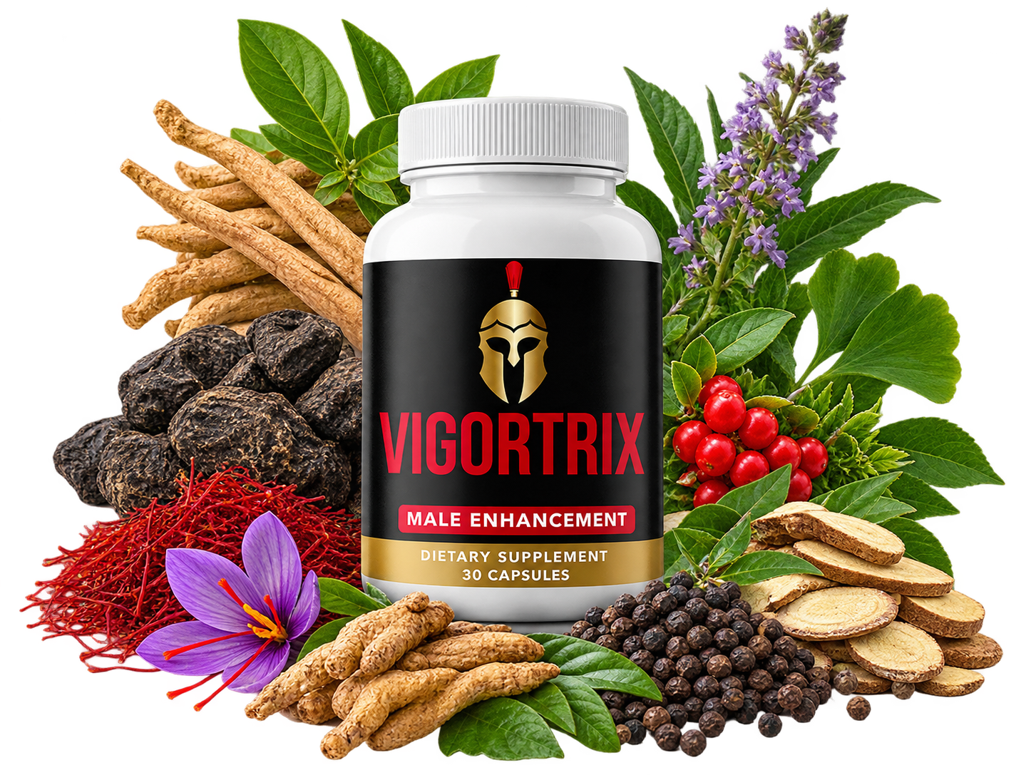 Vigortrix supplement bottle surrounded by botanical ingredients