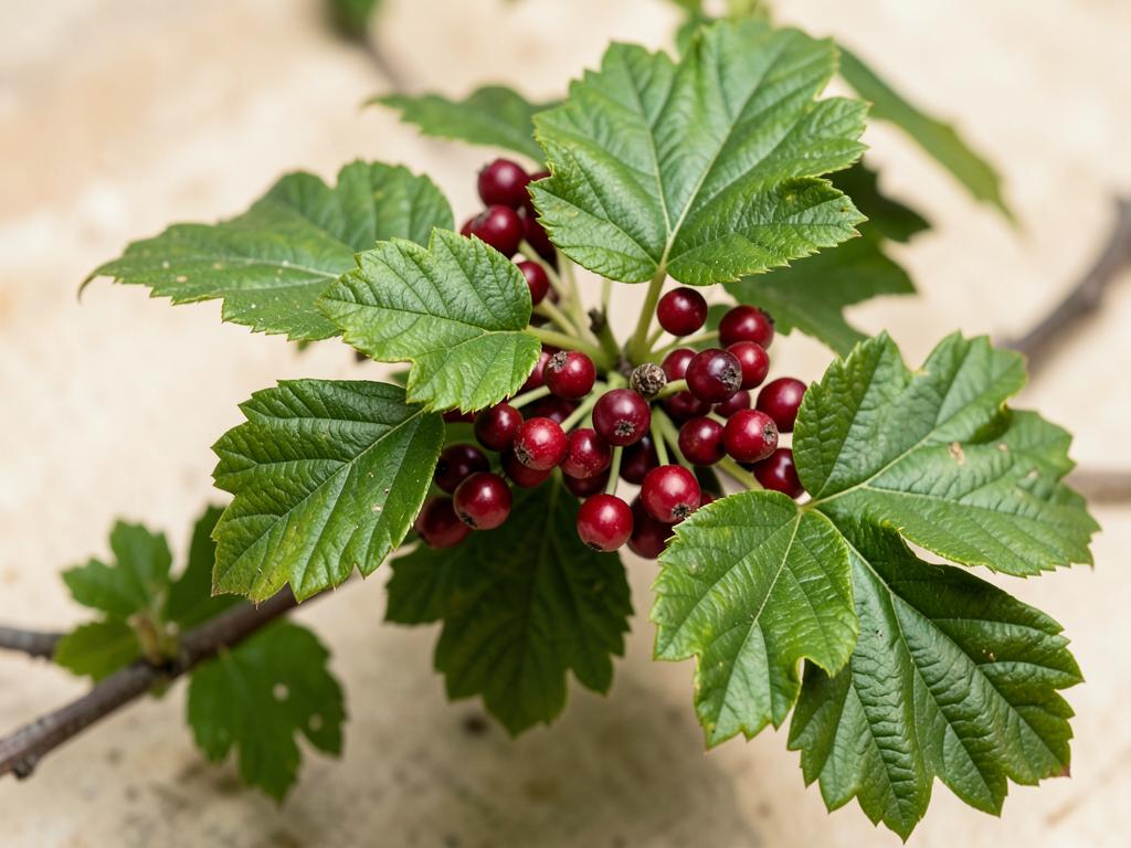 Red hawthorn berries and green leaves in natural daylight