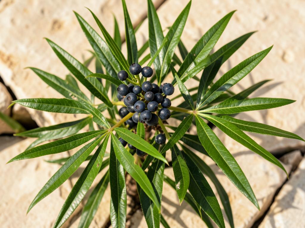 Saw palmetto fronds and dark berries photographed outdoors