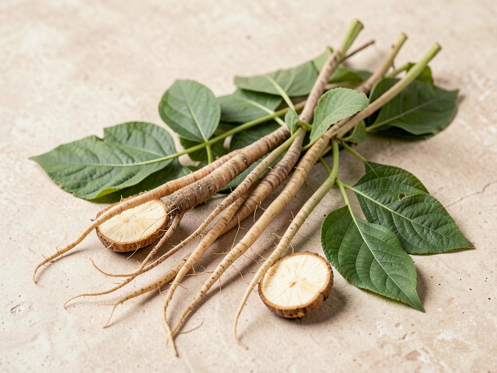 Tongkat ali roots and leaves arranged on a neutral surface