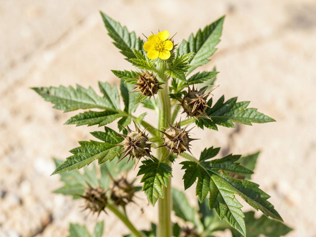 Tribulus terrestris plant with yellow flower and spiny fruits